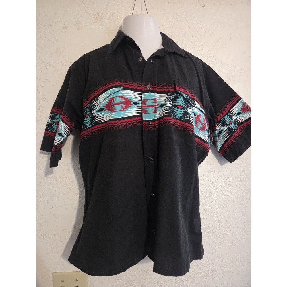 Panhandle Slim Western Cowboy Pearl Snap Aztec Black Shirt Men L Vintage